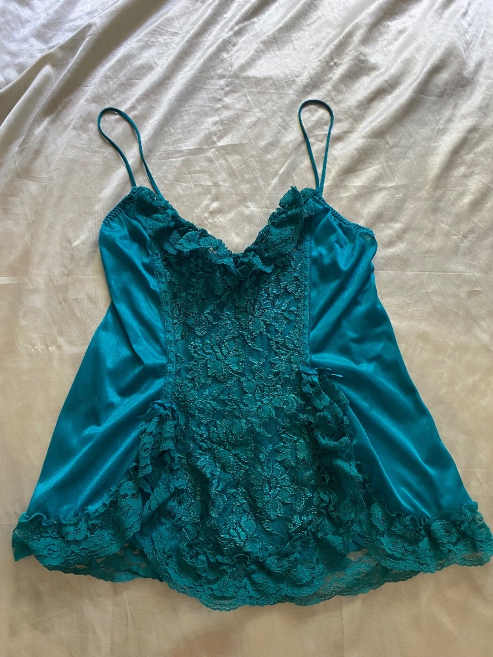 Vintage 1980s Teal Lace Camisole Coquette Glam Sexy Small / Medium